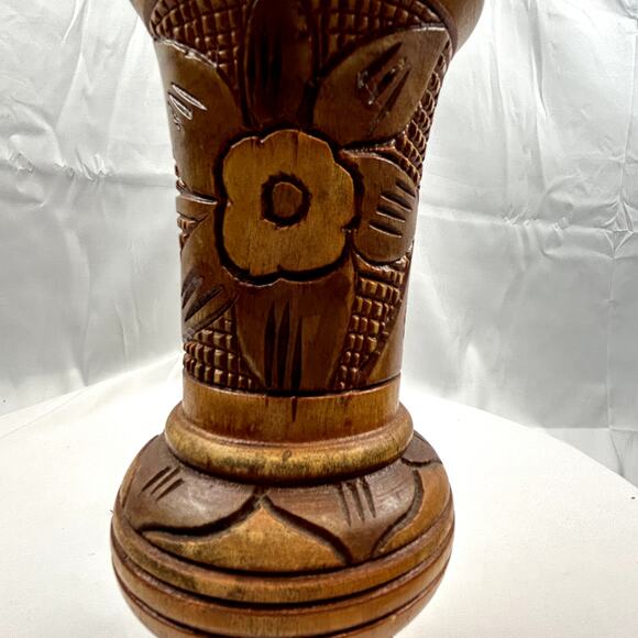 Wood Vase Vintage Hand Carved handmade floral design art unused - Picture 6 of 10